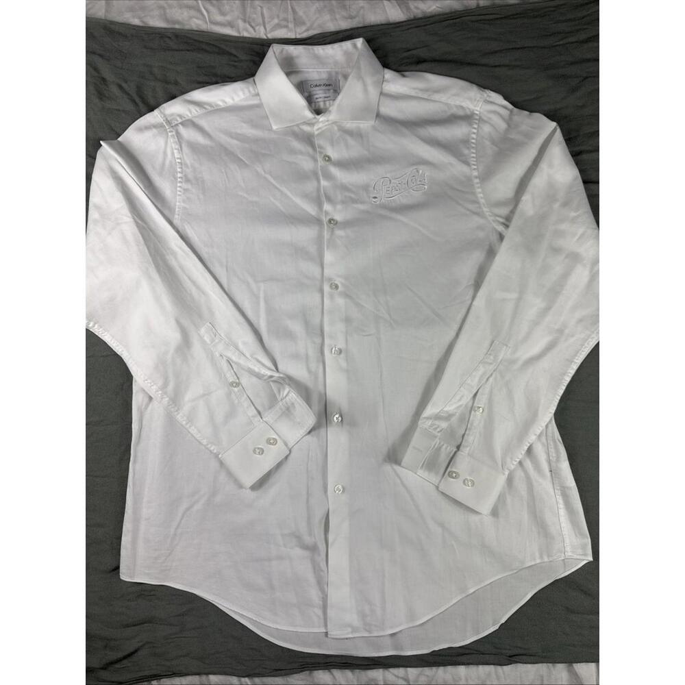 Pepsi Cola Script Calvin Klein Men's Slim Stretch White Dress Shirt 16.5 34/35